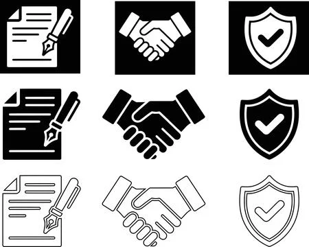 Agreement Icon Set, Contract Document Pen Handshake Deal and Shield Check P.. Ilustración de archivo