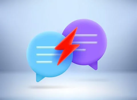 Agressive dispute concept with speech bubbles and flash sign. 3d vector illus Illustrazione stock