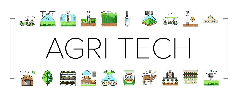 Agri tech precision drones iot icons set vector Stock Illustration