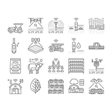 Agri tech precision drones iot icons set vector Illustrazione stock