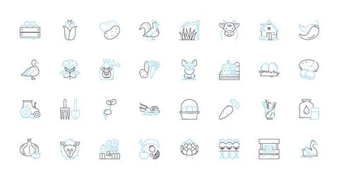 Agribusiness tools linear icons set. Harvesters, Tractors, Cultivators Stock Illustration
