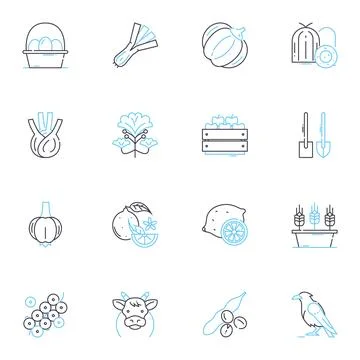 Agribusiness tools linear icons set. Harvesters, Tractors, Cultivators Stock Illustration