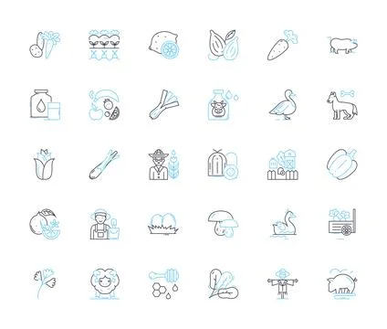 Agribusiness tools linear icons set. Harvesters, Tractors, Cultivators Stock Illustration