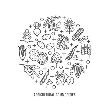 Agricultural commodities concept background and vegetable origin linear icons Stock Illustration