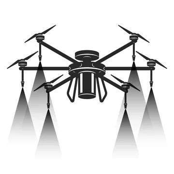 Agricultural drone with spraying system vector black and white illustration.. Stock Illustration