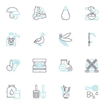 Agricultural engineering linear icons set. Irrigation, Soil, Harvesting, Crop Stock Illustration