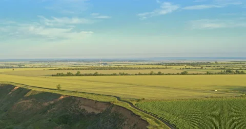 Agricultural fields, aerial view. Spring day, beautiful landscape from drone. Stock Footage 132830113