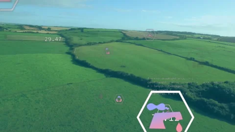 Agricultural fields being animated with AR overlays in flat design, showing Stock Footage 308153078