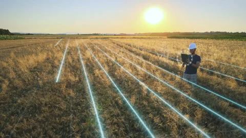 Agricultural future technology concept, farmer analysing crop, infographics Stock Footage 158929559