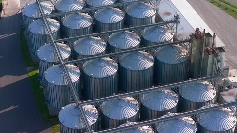Agricultural grain silo storage facility for crops aerial view Stock Footage 341580989
