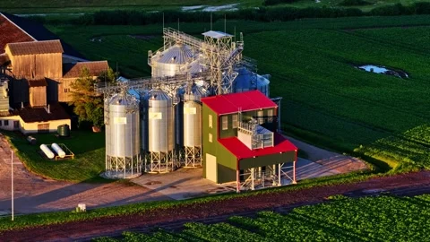 Agricultural grain silos complex in a rural green field during a golden hour Stock Footage 343979286