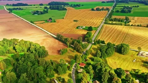 Agricultural Patchwork of Fields and Trees With Straight Road Through Farmland Stock Footage 318954653