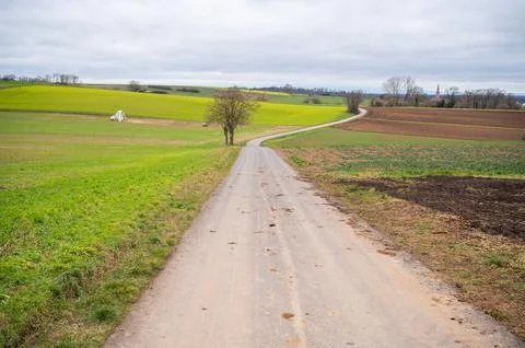 Agricultural path between multiple agricultural fields, stacked straw bale .. Stock Photos