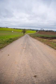 Agricultural path between multiple agricultural fields, stacked straw bale .. Stock Photos