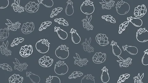 Agricultural pattern a vibrant repeating design features eggplant turmeric cauli Stock Footage 322130344