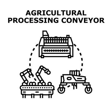 Agricultural processing conveyor system with automated machinery Stock Illustration
