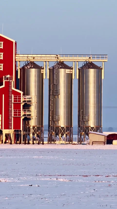 Agricultural red grain elevator and metal silos standing in a snow-covered Stock Footage 336304170