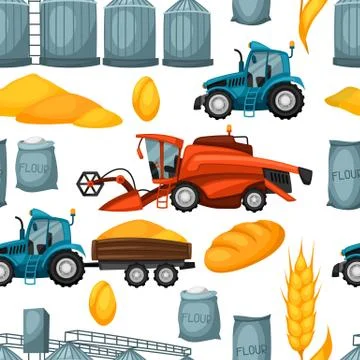 Agricultural seamless pattern with harvesting items. Combine harvester, tractor Stock Illustration