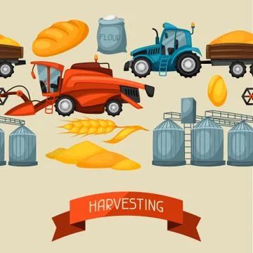 Agricultural seamless pattern with harvesting items. Combine harvester, tractor Stock Illustration