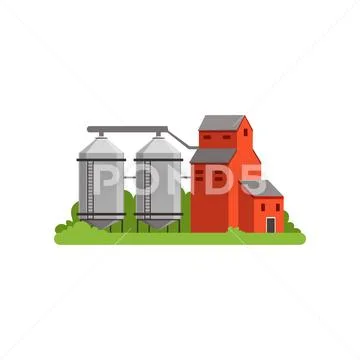 Agricultural silo towers and farm buildings, countryside life object vector Stock Illustration