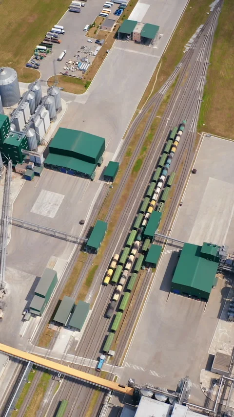 Agricultural silos on field. Grain elevators for storage and drying of cereals.  Stock Footage 296771744