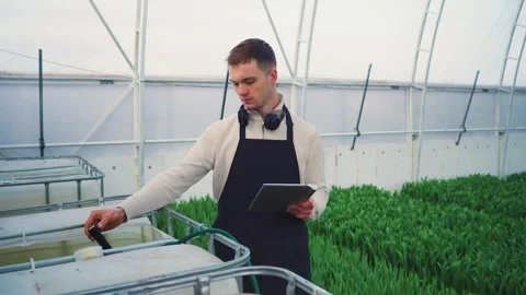 Agricultural technology. Using an electronic device, a farmer takes a sample Stock Footage 322767775