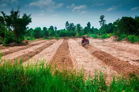 Agricultural tractor plowing fields preparing land for sowing and planting. Stock Photos