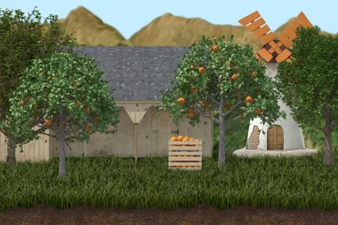 Agriculture Concept 3D render.Orange trees, windmill and green grass on the m Stock Illustration