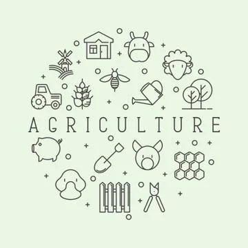 Agriculture concept with different animals, tools and symbols for eco product Illustrazione stock