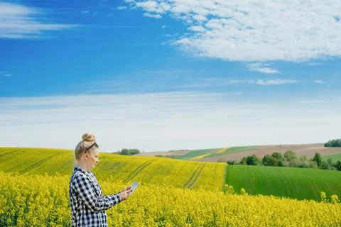 Agriculture Farmer Using Digital Tablet Examining Crops Stock Photos