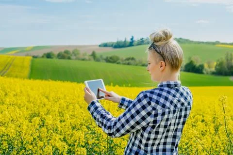 Agriculture Farmer Using Digital Tablet Examining Crops Stock Photos