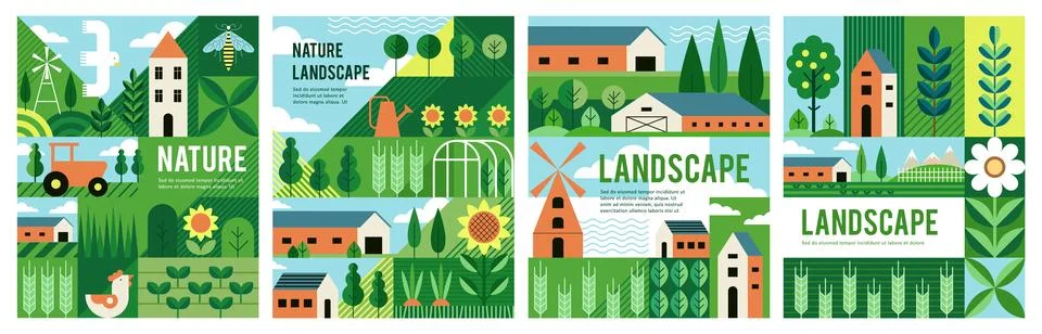 Agriculture geometric. Tree, forest, pattern abstract farm. Background villag Stock Illustration