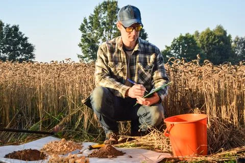Agriculturist taking notes in soil sampling information sheet at field Stock Photos
