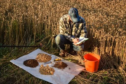 Agriculturist taking notes in soil sampling information sheet at field Stock Photos