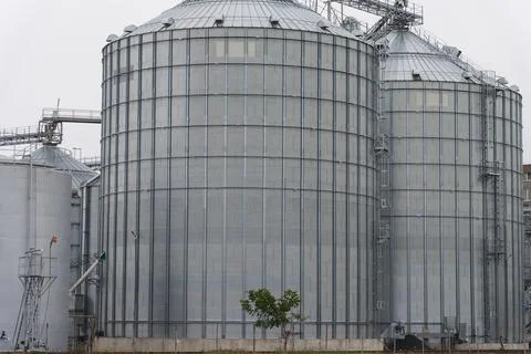 The agro-processing facility features several large silos designed Stockfoto's
