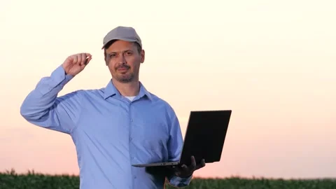 Agronomist with laptop assesses progress of corn cultivation on evening field Stock Footage 274040859