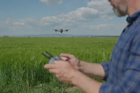 Agronomist piloting drone slowly inspecting green barley field Stock Footage 337248686