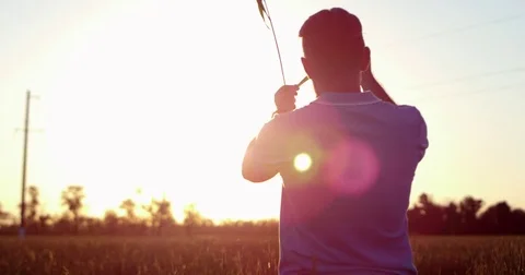 An agronomist is walking on a field at sunset Stock Footage 76622323