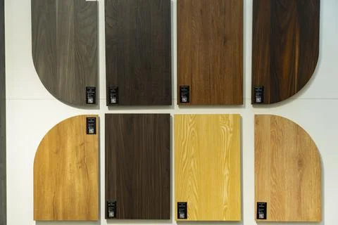 AGT decorative wall panel samples displayed in a building materials showroom Stock Photos