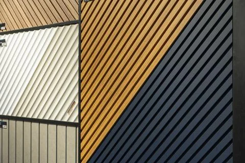 AGT decorative wall panel samples displayed in a building materials showroom Stock Photos