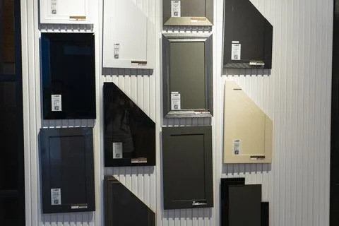 AGT decorative wall panel samples displayed in a building materials showroom Stock Photos