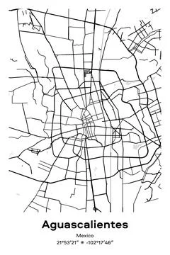 Aguascalientes, Mexico - vector map of city in Black, white, gray, BW colors Stock Illustration