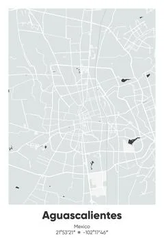Aguascalientes, Mexico - vector map of city in Gray, Black, White, BW colors Stock Illustration
