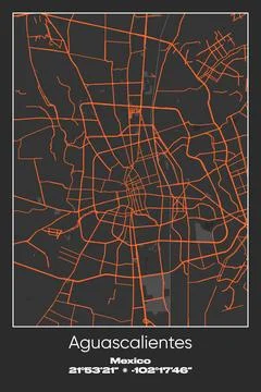 Aguascalientes, Mexico - vector map of city in Gray, Black, Orange colors Stock Illustration