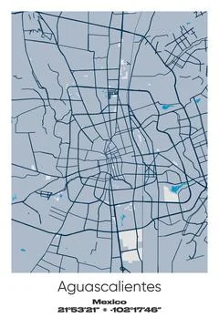 Aguascalientes, Mexico - vector map of city in Blue, Gray, Yellow, Olive colors Stock Illustration
