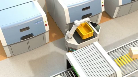 AGV (Automatic guided vehicle) picking parts from metal 3D printer Stock Footage 84239657