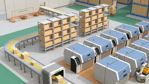 AGV (Automatic guided vehicle) picking parts from metal 3D printer Stock Footage 84239714