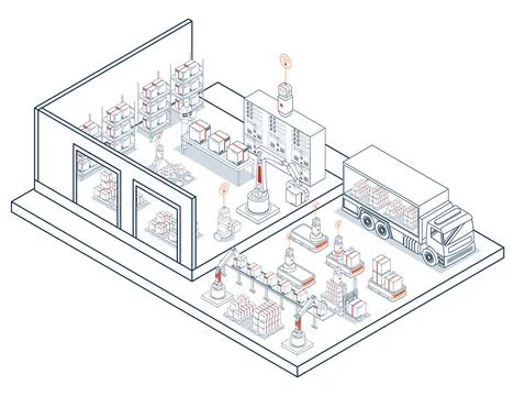 AGV Mobile Robots revolutionize smart logistics, optimizing warehouse opera.. Stock Illustration