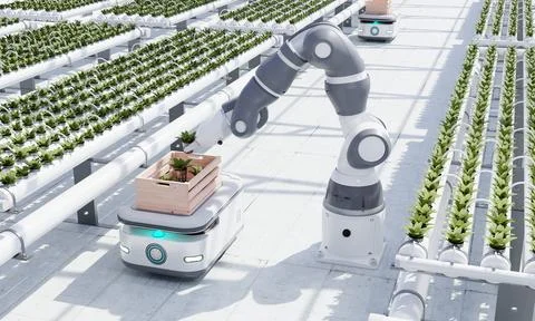 AGV robot courier cars transporting hydroponics vegetable crates to stock i.. Stock Illustration