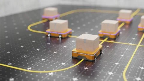 AGV robots delivering cardboard boxes to a logistics distribution center. R.. 스톡 일러스트